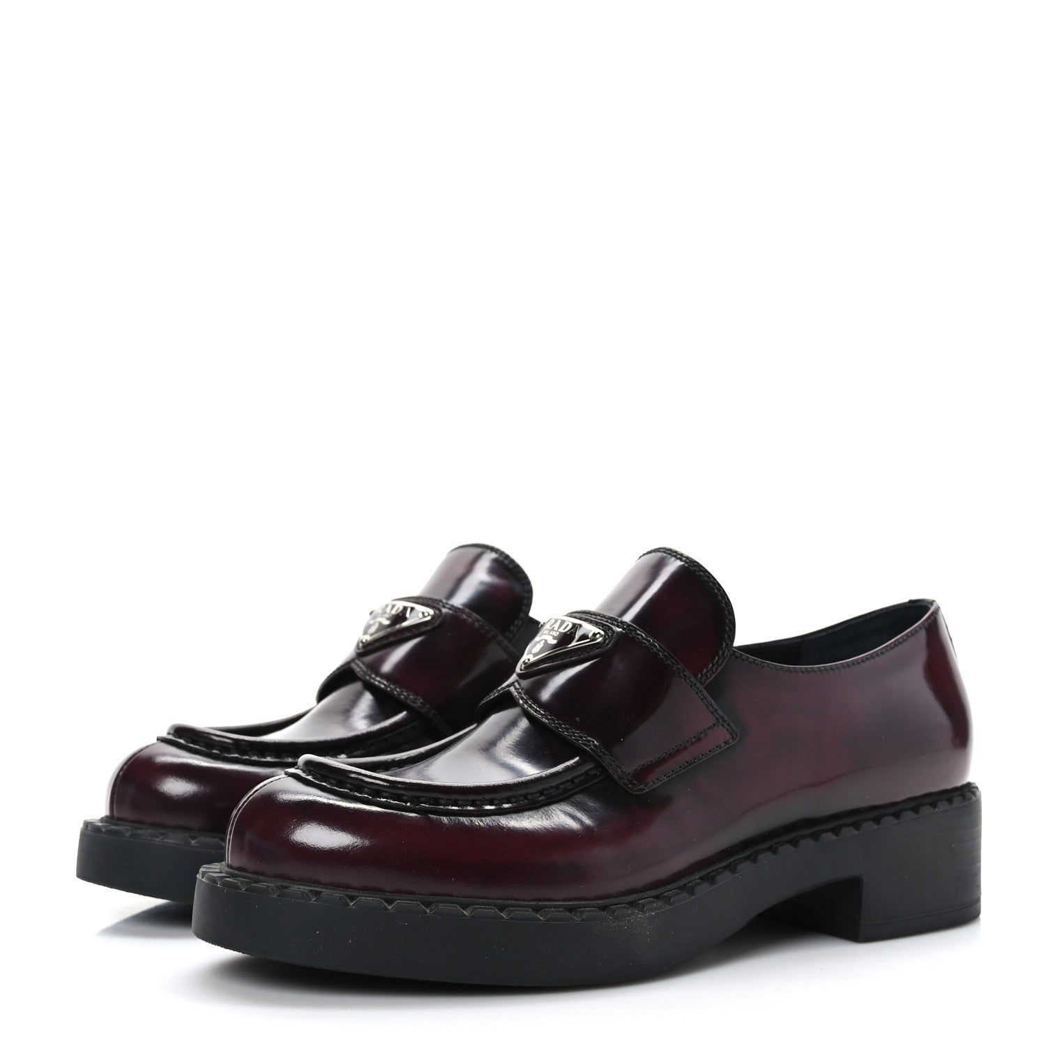 Prada Spazzolato Fume Metal Triangle Logo 50mm Loafers 36.5 Granato 3 of 8