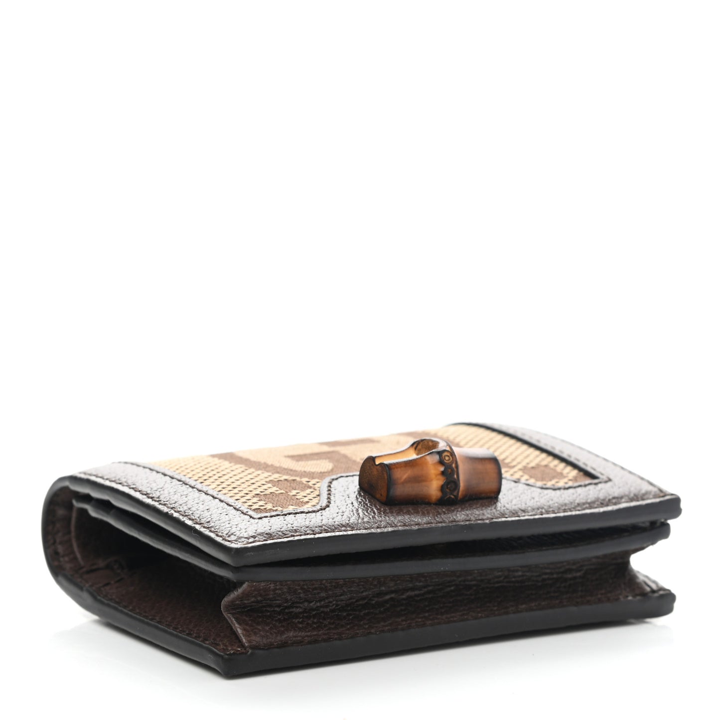 Monogram Jumbo GG Textured Dollar Calfskin Diana Card Case Wallet Camel Ebony New Acero