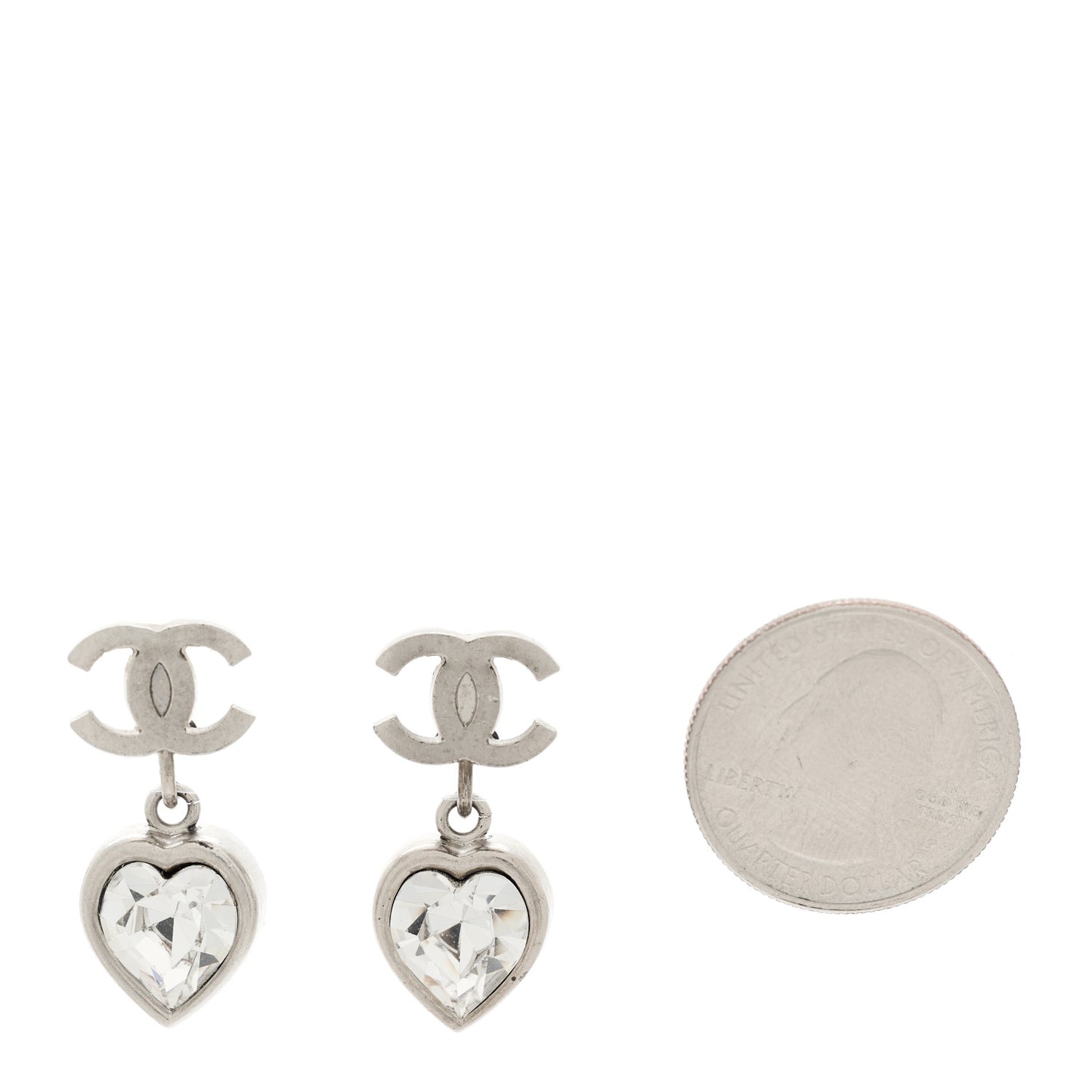 Crystal Heart CC Drop Clip On Earrings Silver