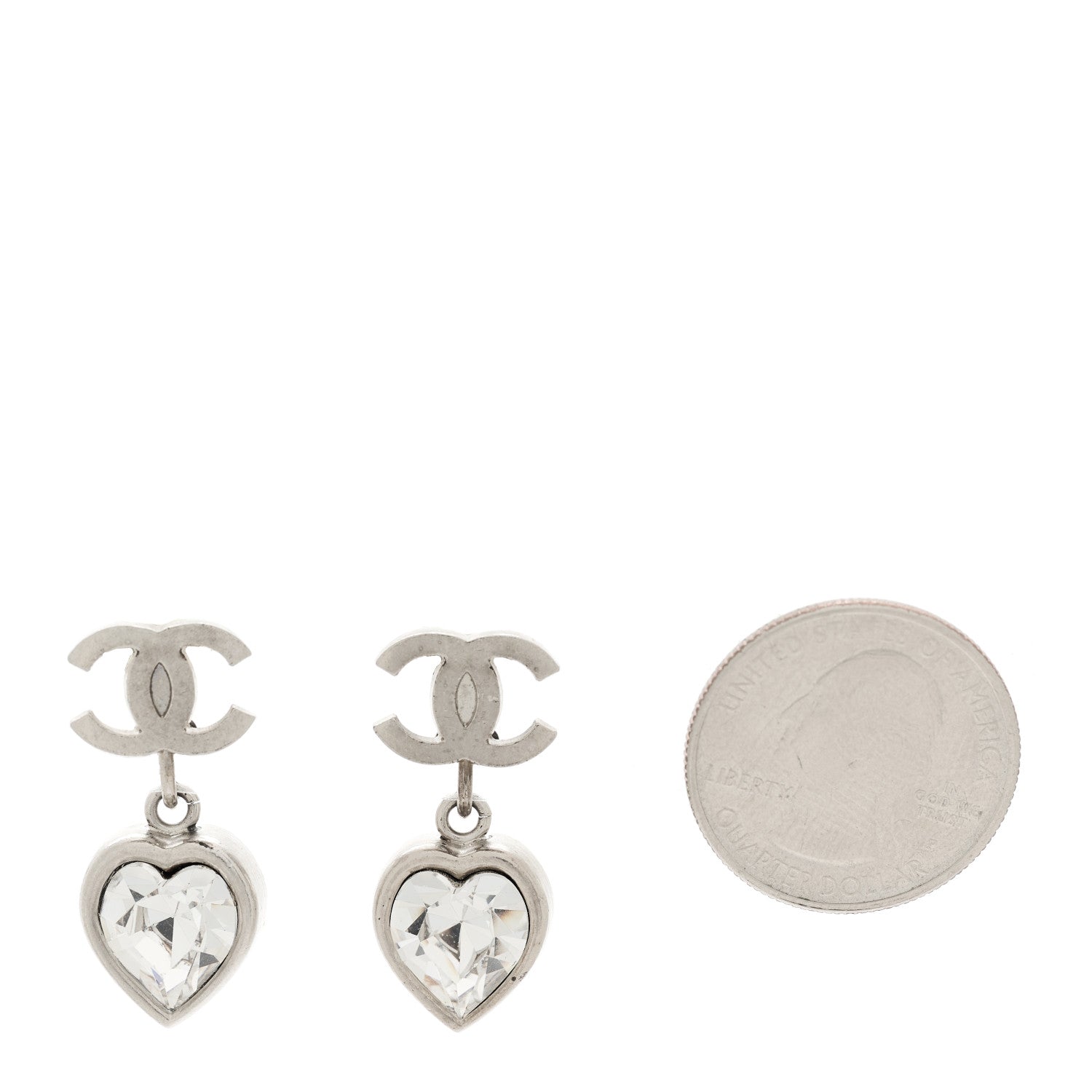 Chanel Crystal Heart CC Drop Clip On Earrings Silver 2 of 6