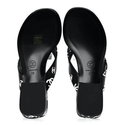 Chanel Lambskin Printed CC Thong Sandals 39 Black White 5 of 9