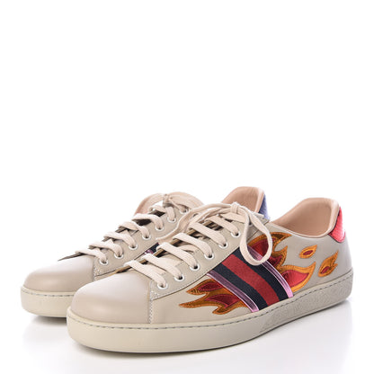 Gucci Calfskin Ayers Web Flames Embroidered Mens Ace Sneakers 10.5 Off White 3 of 9