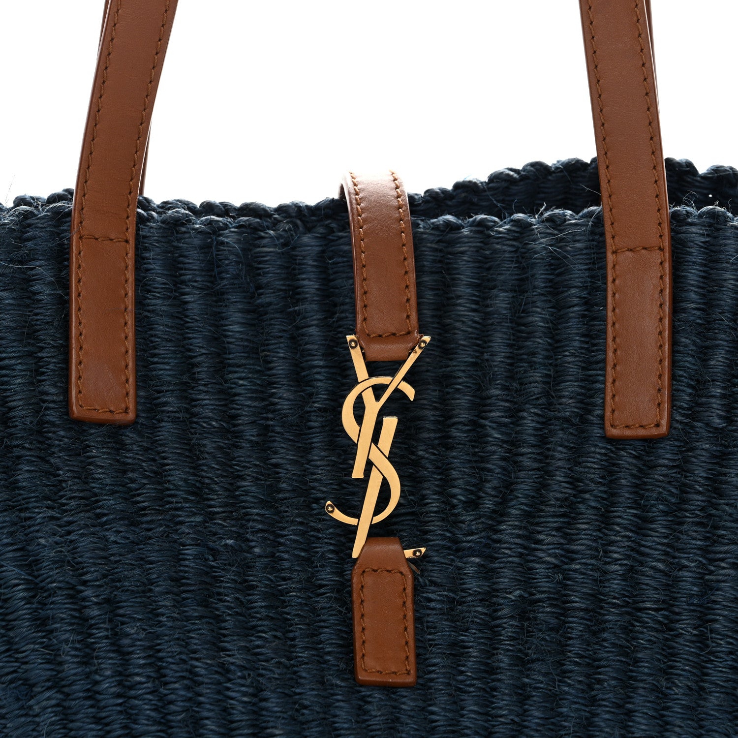 Saint Laurent Raffia Calfskin Medium Panier Tote Blue Orchid Brick