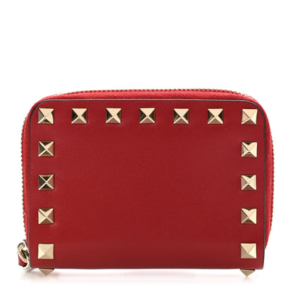 Valentino Garavani Calfskin Rockstud Zip Around Coin Case Card Holder Rosso Valentino 1 of 7