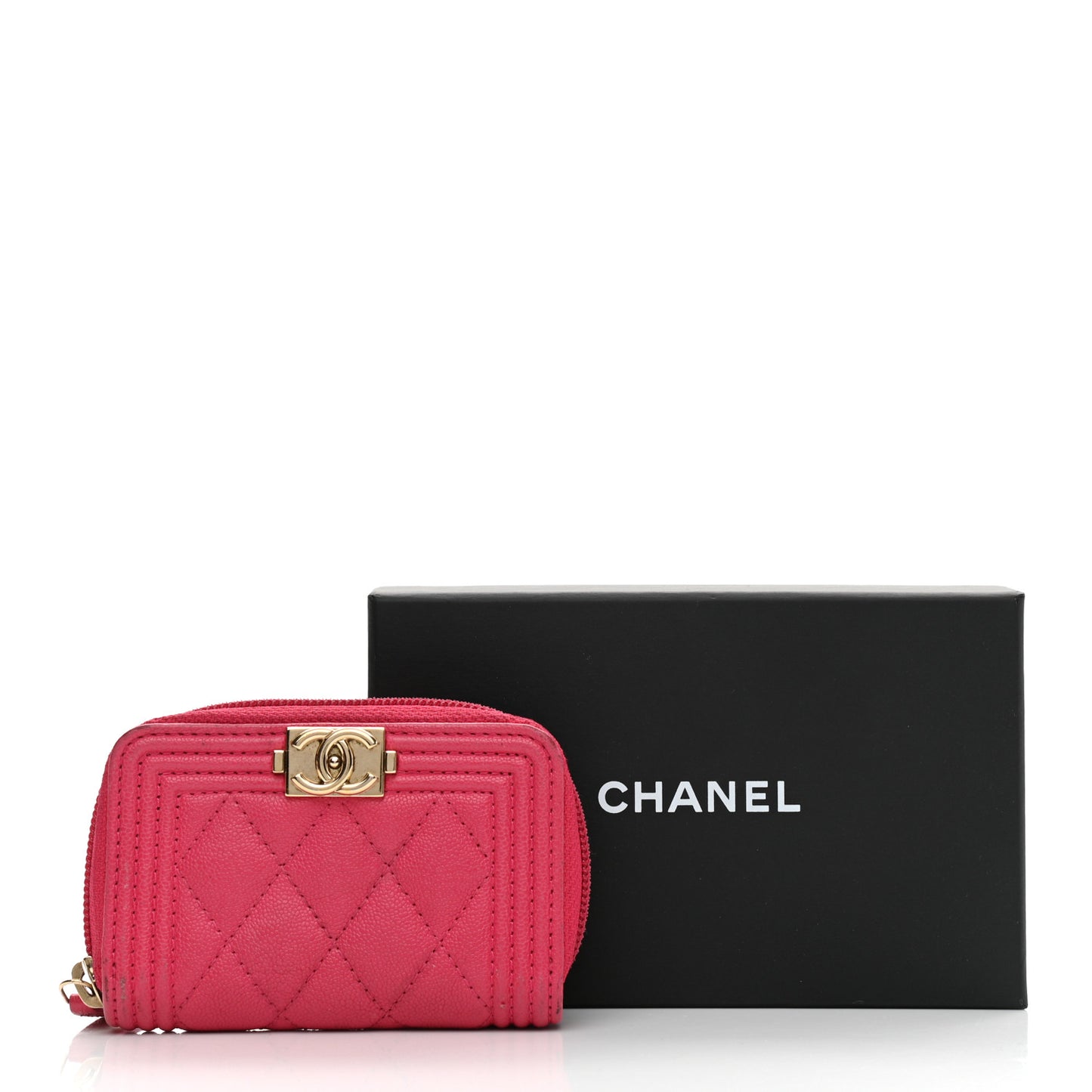 Caviar Quilted Boy Zip Around Coin Purse Wallet Fuchsia