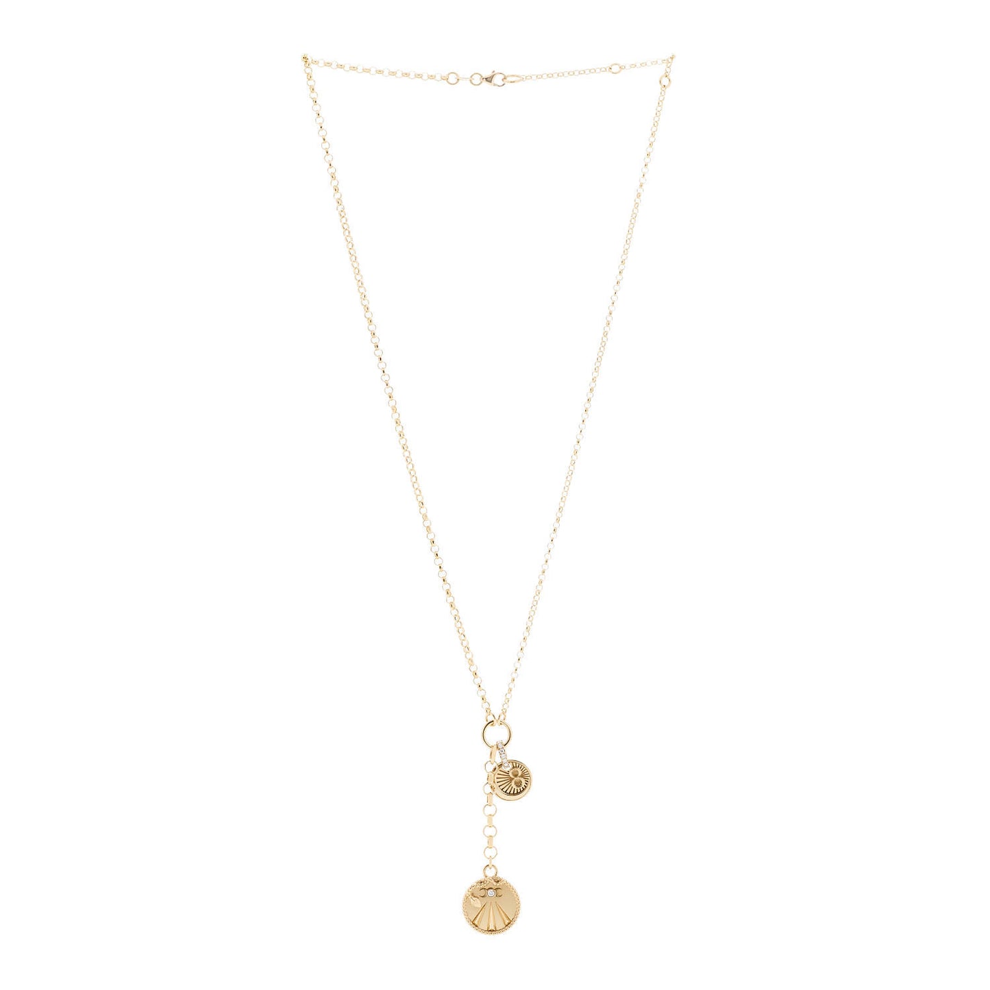 18K Yellow Gold Diamond Mind Body Soul Wholeness Small Karma Mini Coin Mixed Belcher Extension Chain Necklace