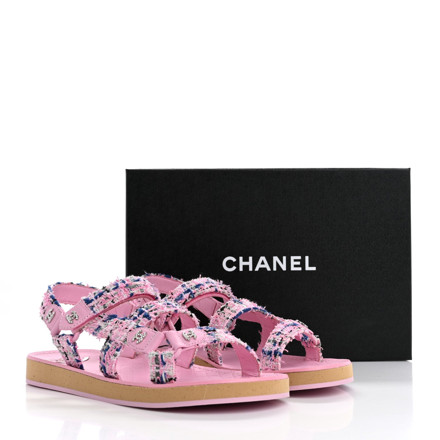 Chanel Tweed Lambskin Crystal CC Sandals 40 Pink Multicolor 10 of 10