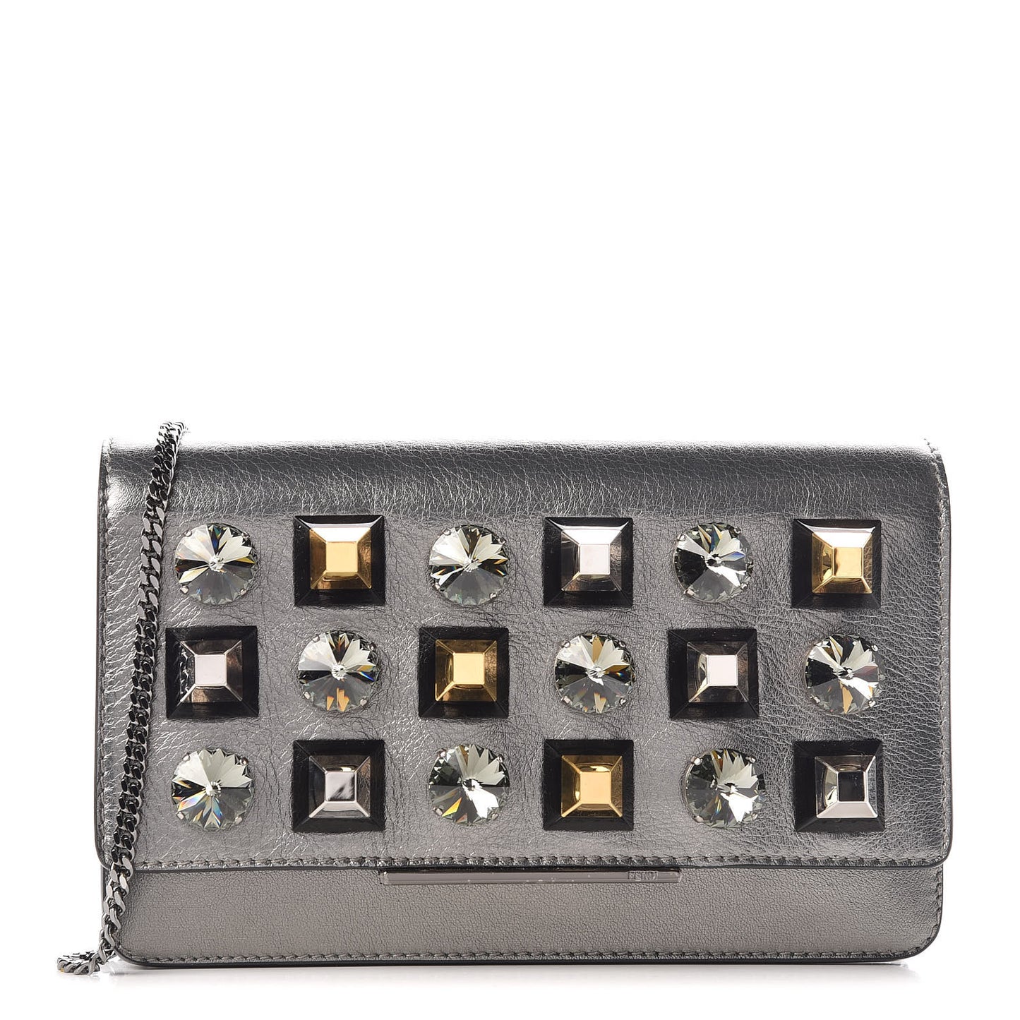 Glossy Calfskin Crystal Studded Tube Wallet On Chain Graphite