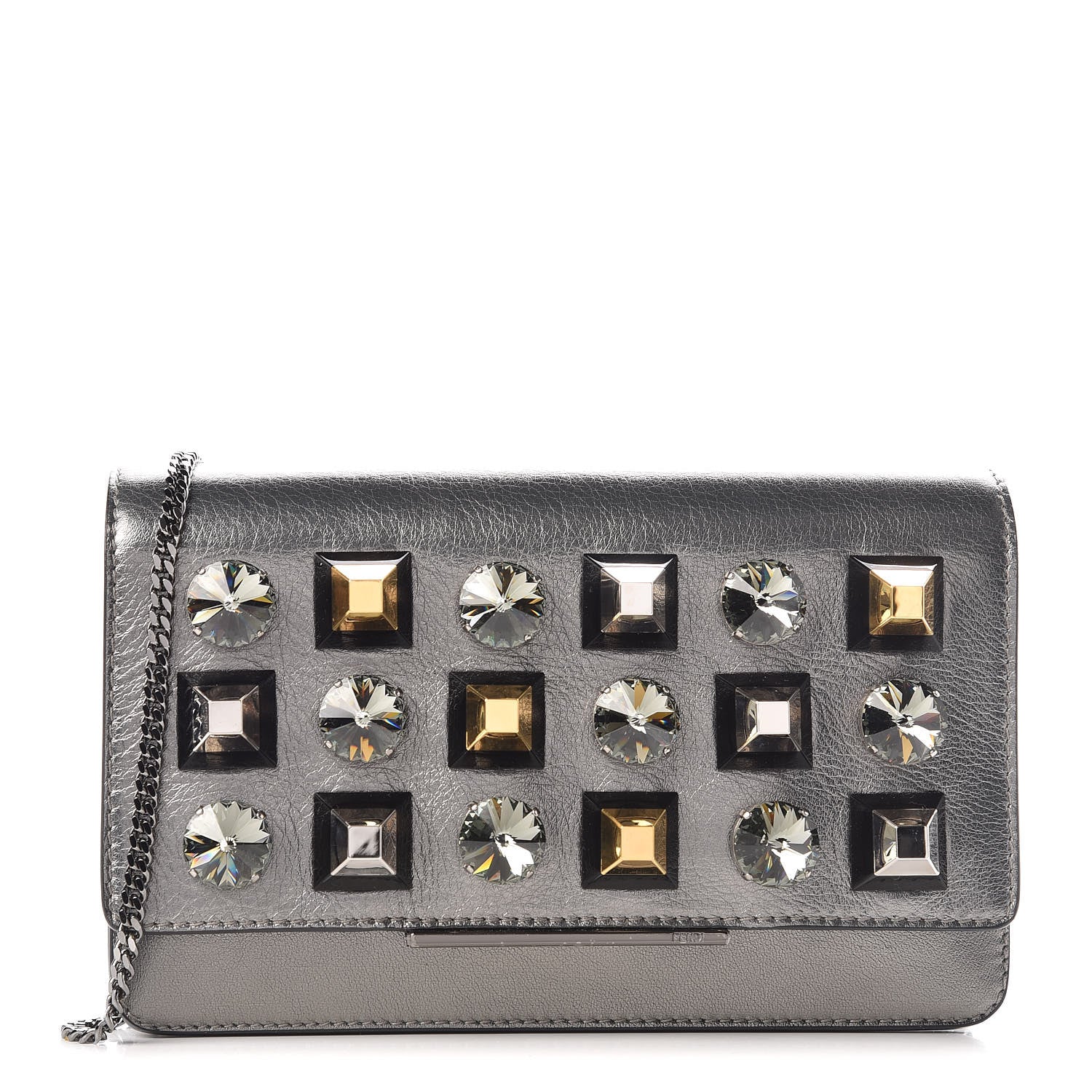 Fendi Glossy Calfskin Crystal Studded Tube Wallet On Chain Graphite 1 of 9