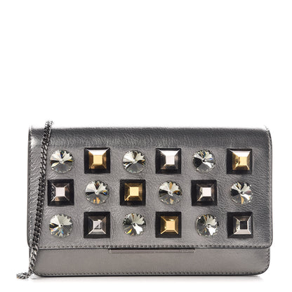 Fendi Glossy Calfskin Crystal Studded Tube Wallet On Chain Graphite 1 of 9