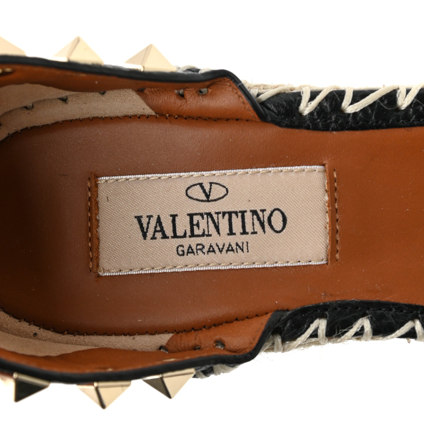 Grained Calfskin Rockstud Ankle Wrap Espadrille 15/85mm Wedges 35 Black Light Cuir