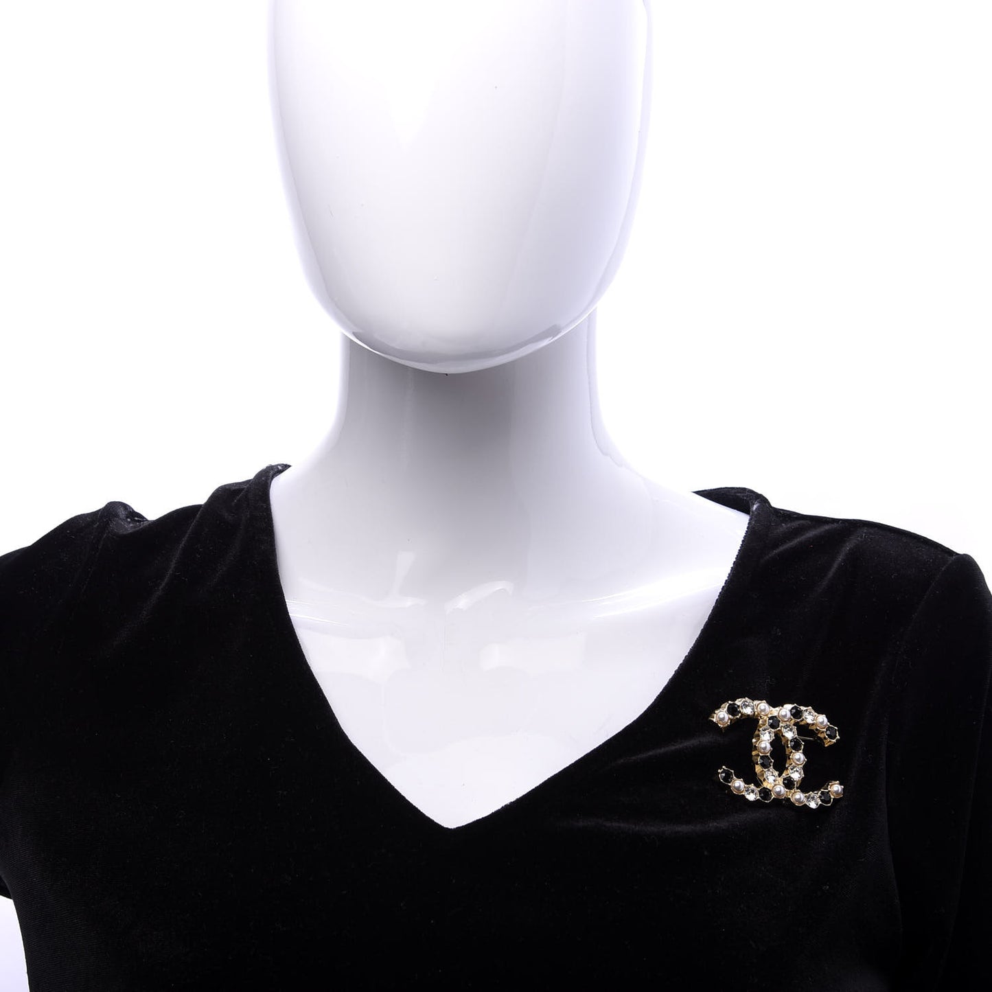 Pearl Crystal CC Brooch Black Gold