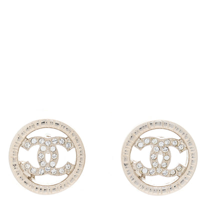 Chanel Metal Crystal Textured CC Round Earrings Silver 1 of 3