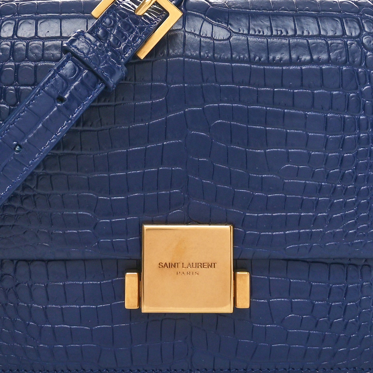 Calfskin Crocodile Embossed Medium Bellechasse Satchel Navy