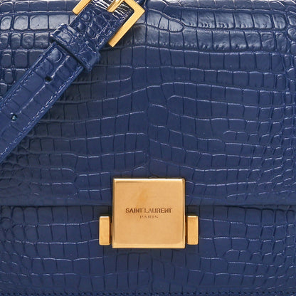 Saint Laurent Calfskin Crocodile Embossed Medium Bellechasse Satchel Navy 8 of 10