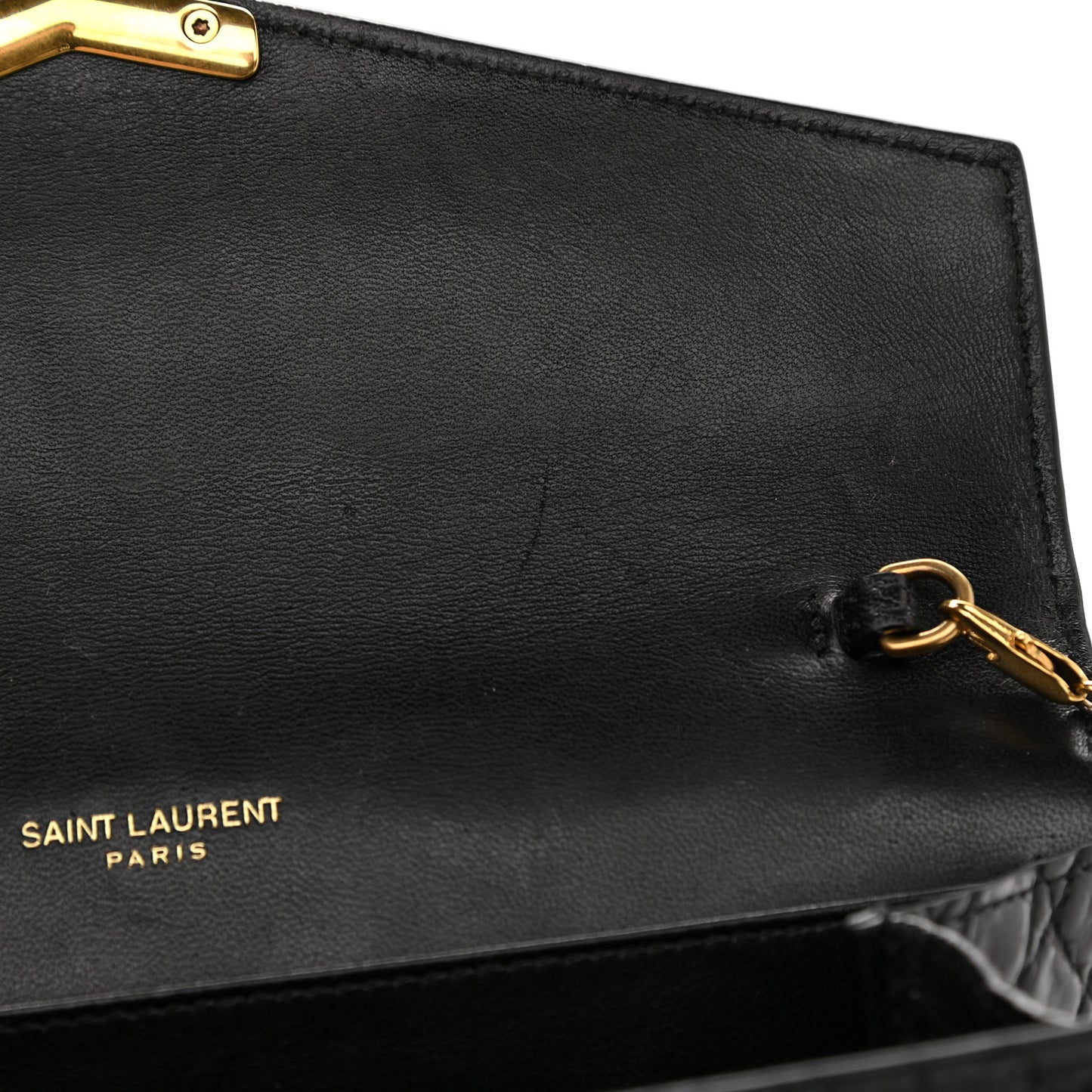 Calfskin Crocodile Embossed Monogram Cassandra Chain Wallet Black