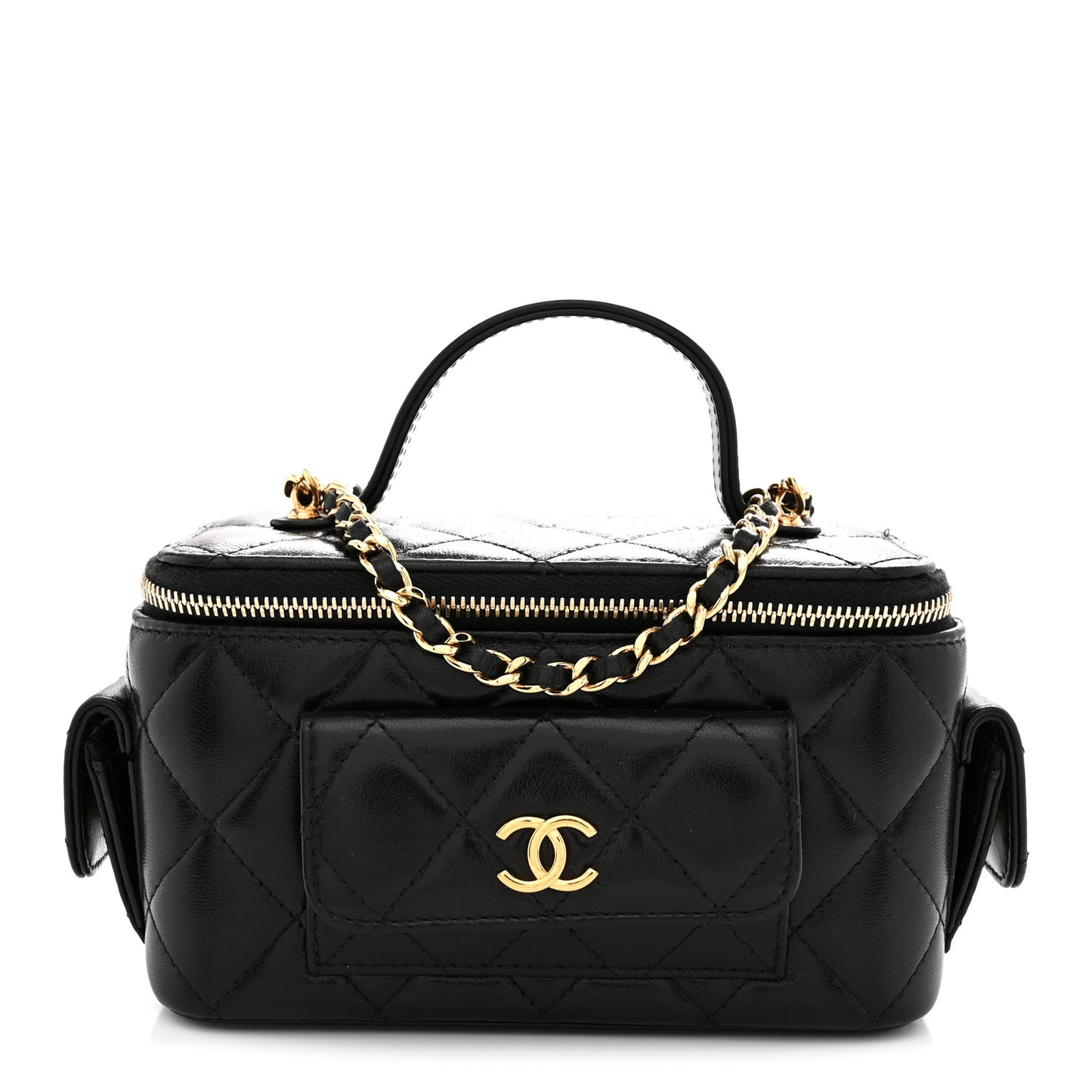 Lambskin Quilted Polly Pocket East West Top Vanity With Chain Black