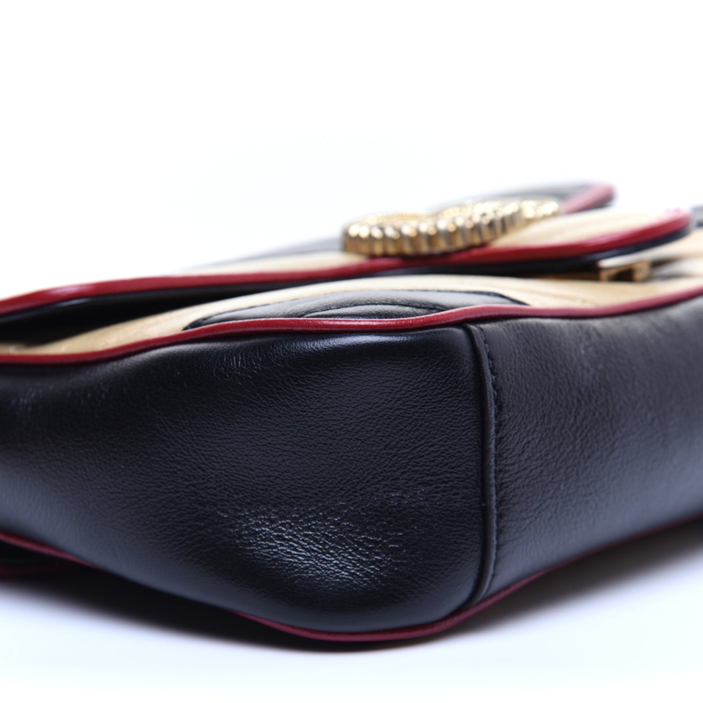 Vintage Effect Calfskin Matelasse Diagonal Striped Small Torchon GG Marmont Shoulder Bag Black Beige