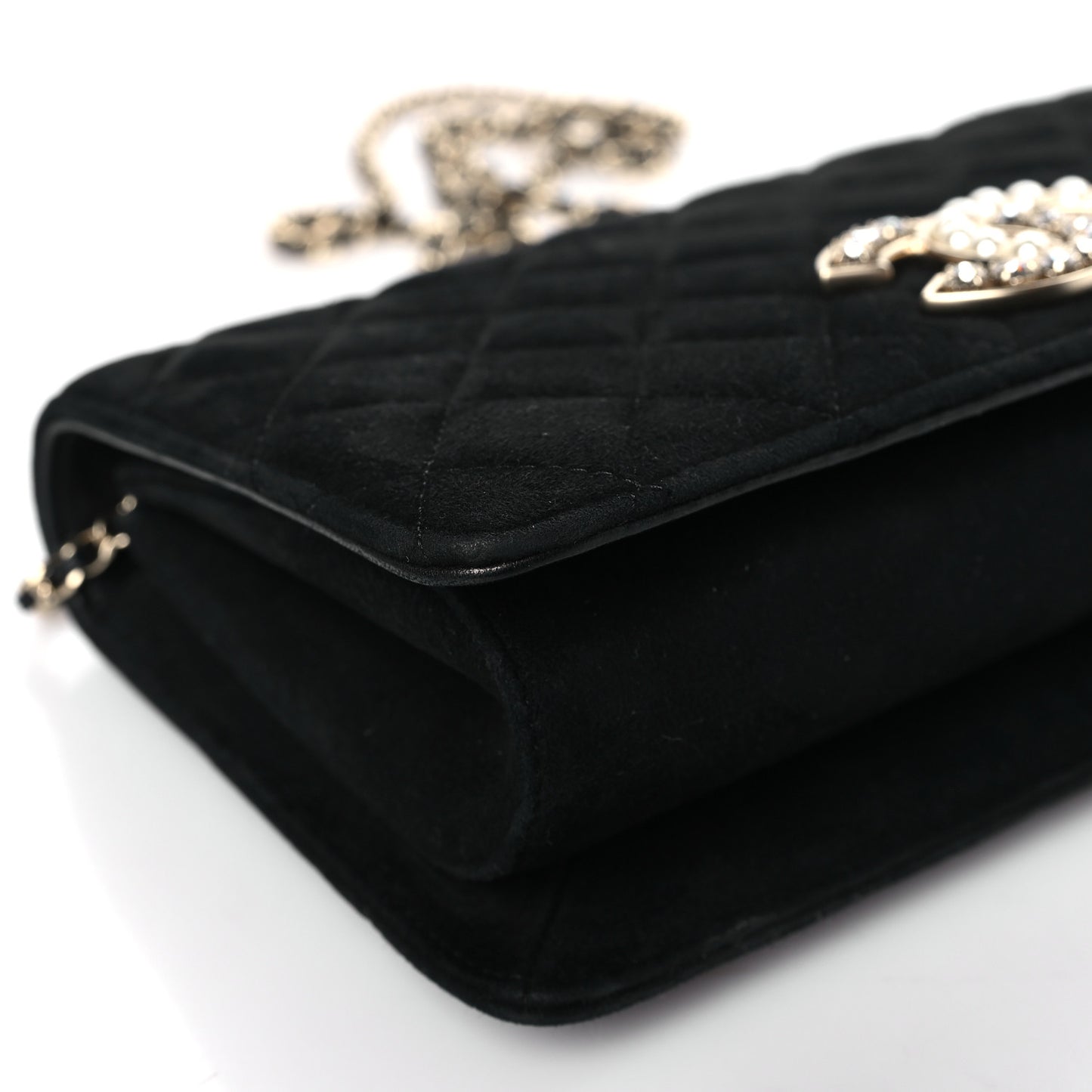 Suede Quilted Crystal Pearl CC Flap Black