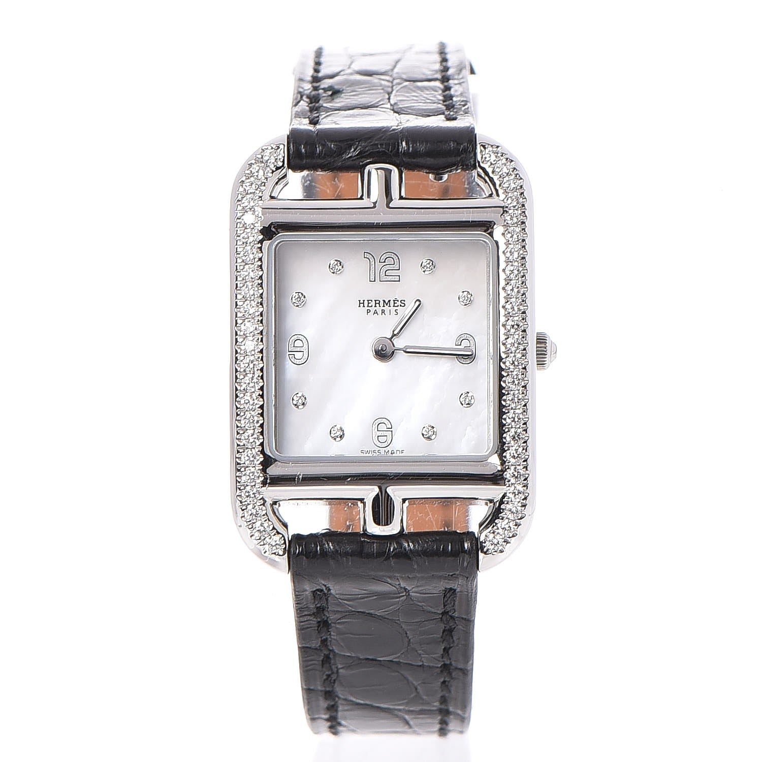 Hermes Stainless Steel Alligator Diamond Bezel Mother of Pearl 23mm Cape Cod Quartz Watch Noir 1 of 11