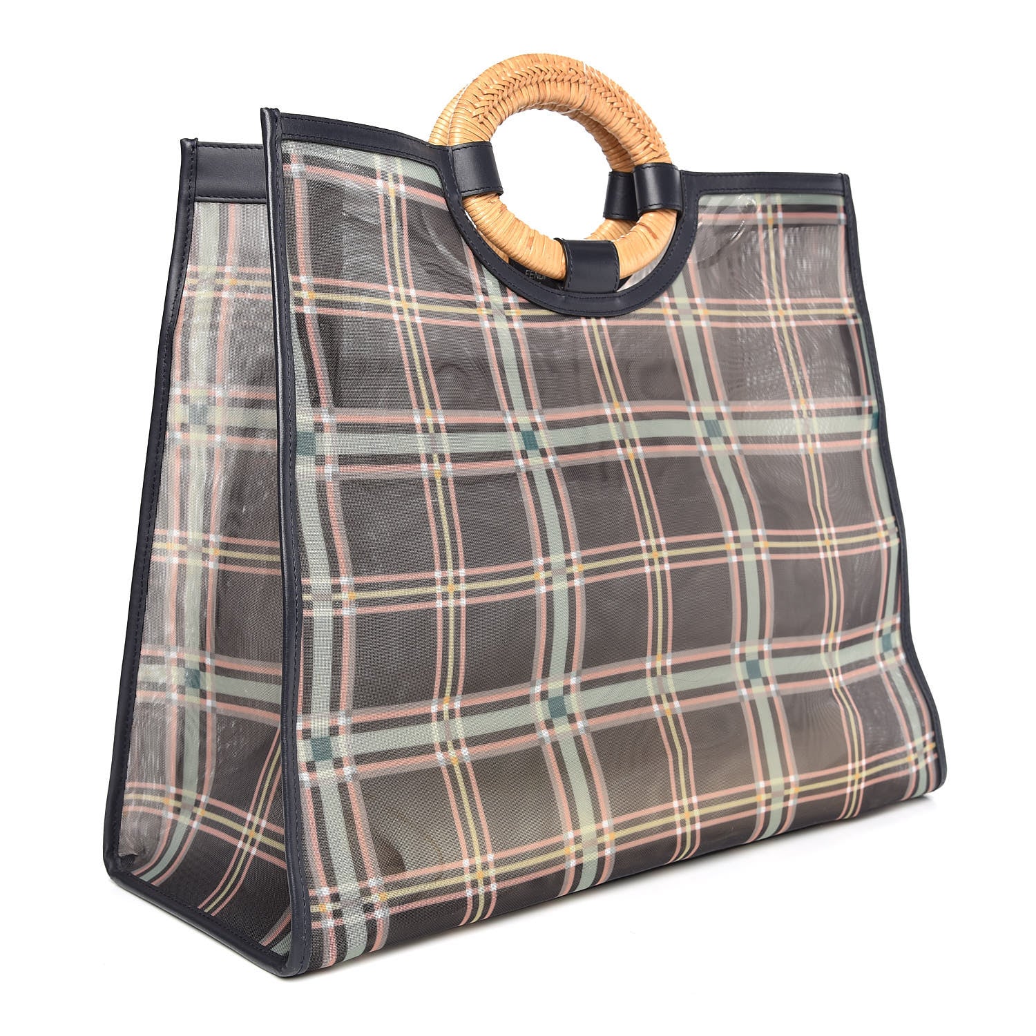 Fendi Mesh Vitello Century Wicker Tartan Plaid Large Runaway Shopper Tote Black Blue Notte 3 of 9