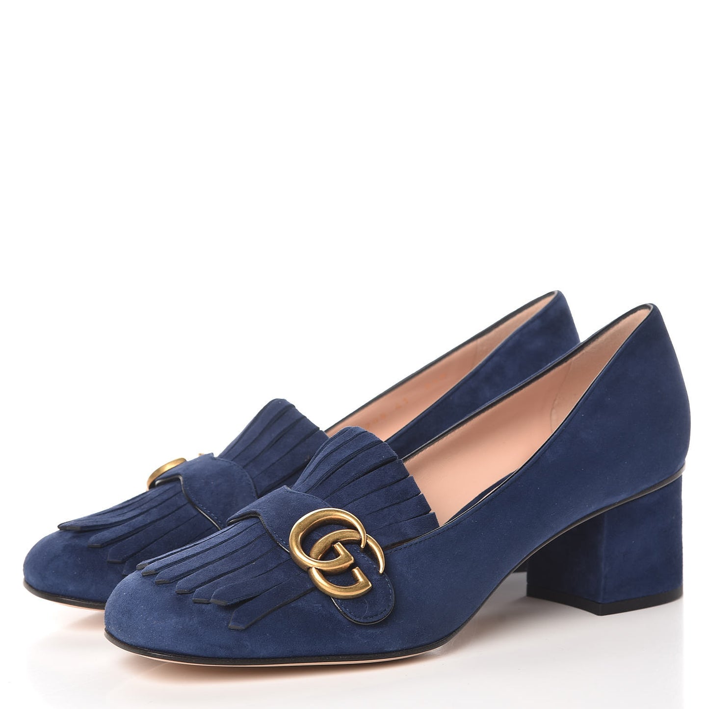 Kid Scamosciato GG Marmont Fringe 50mm Loafer Pumps 41 Blue Ink