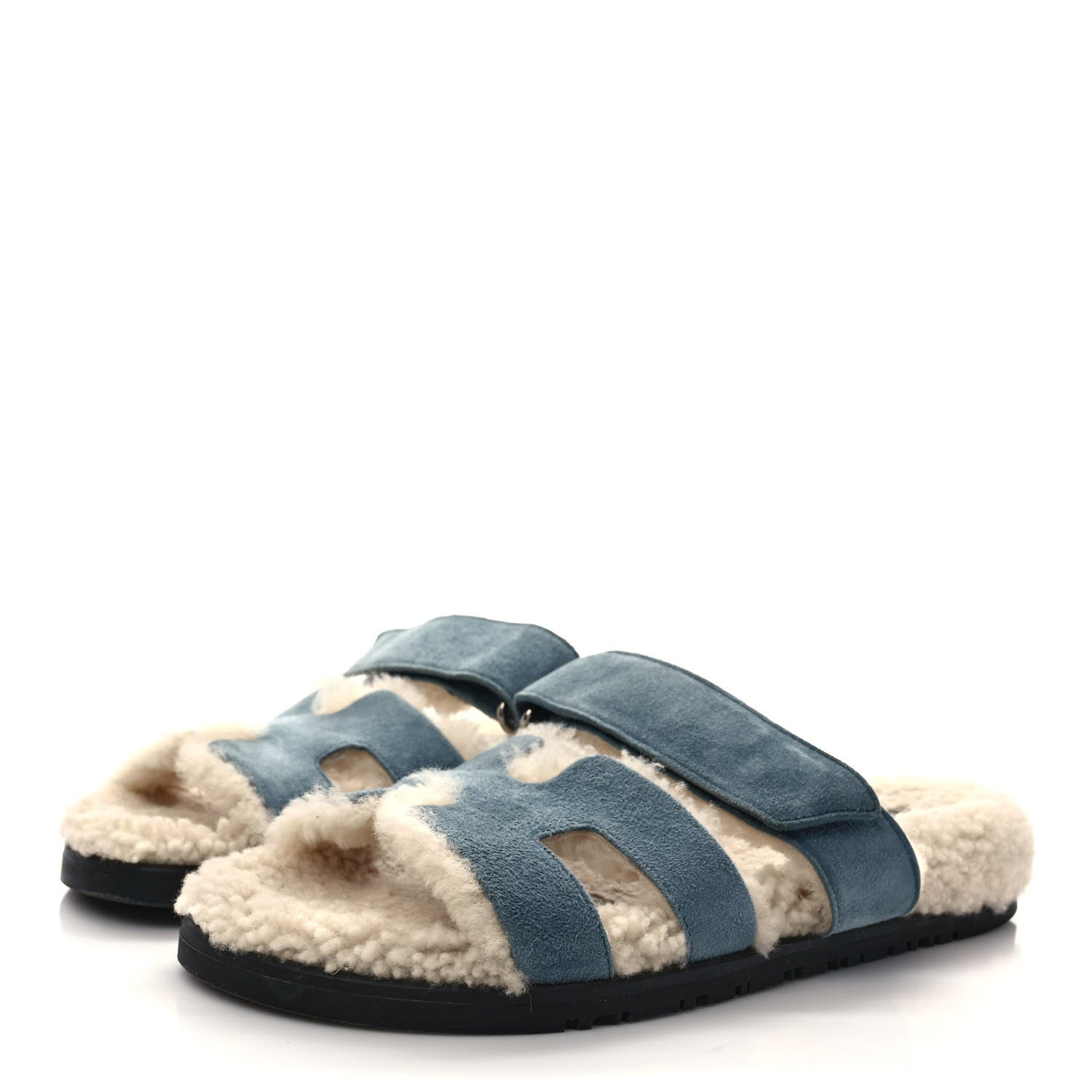 Hermes Suede Goatskin Woolskin Womens Chypre Sandals 37.5 Bleu Pinede Ecru 3 of 8