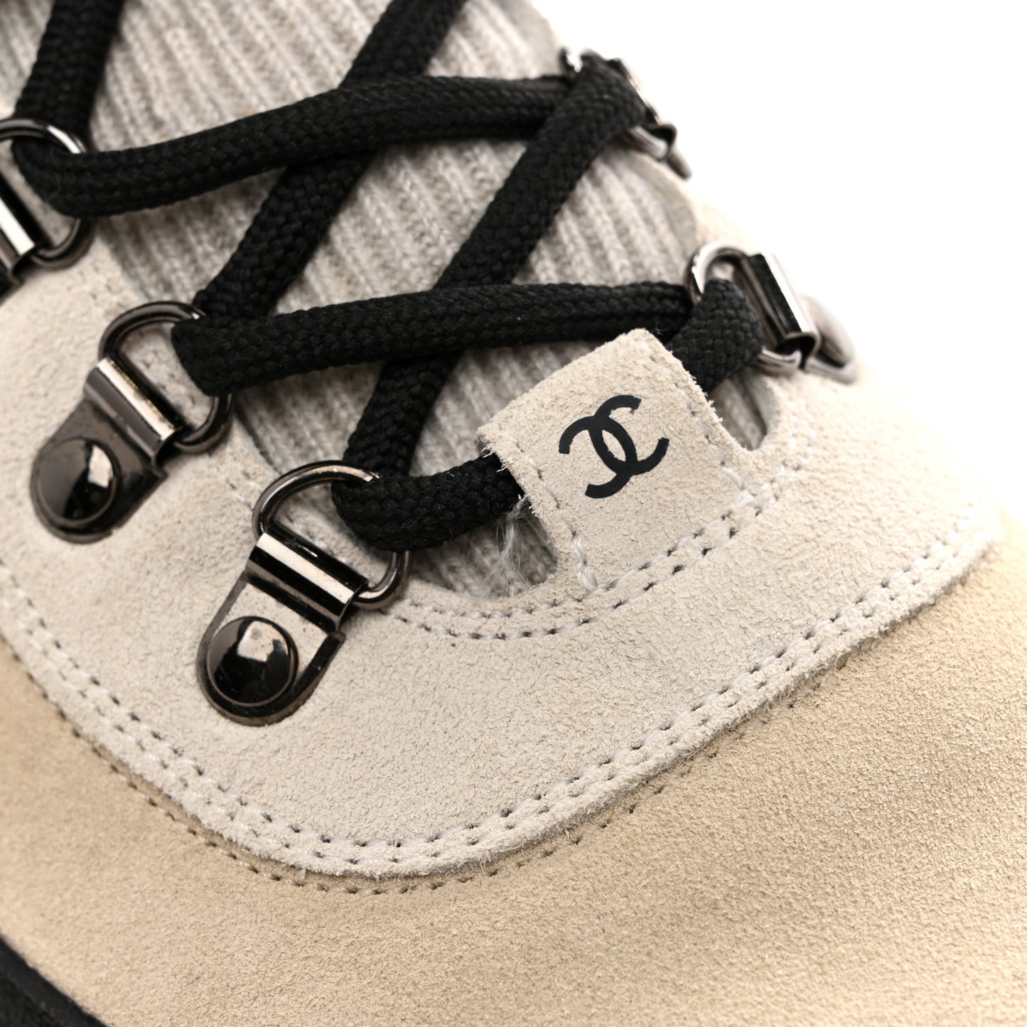 Suede Calfskin Knit CC High Top Lace Up Sneakers 40 Ivory Light Gray