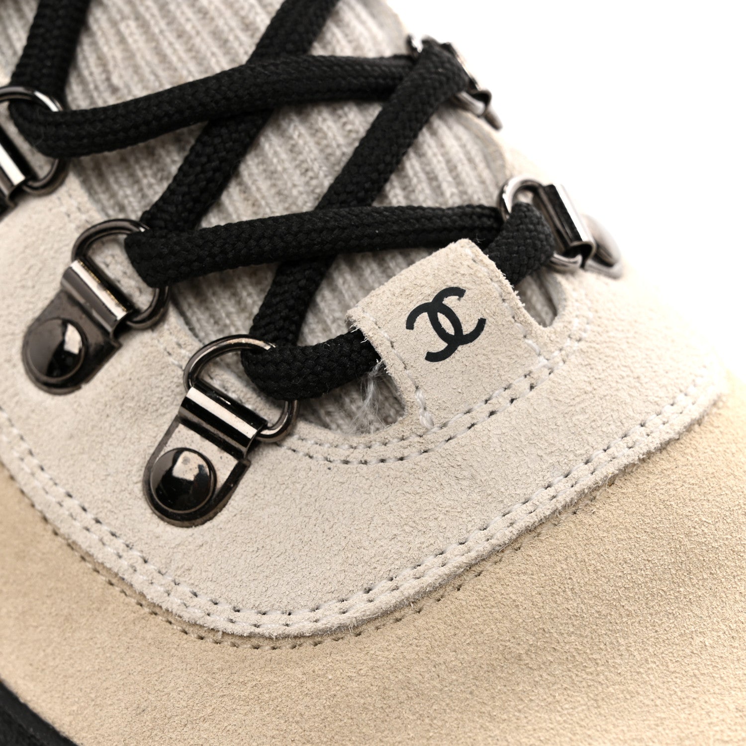 Chanel Suede Calfskin Knit CC High Top Lace Up Sneakers 40 Ivory Light Gray 10 of 11