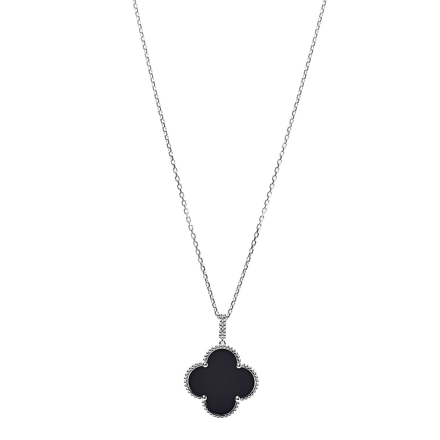 18K White Gold Black Onyx Magic Alhambra Pendant Necklace