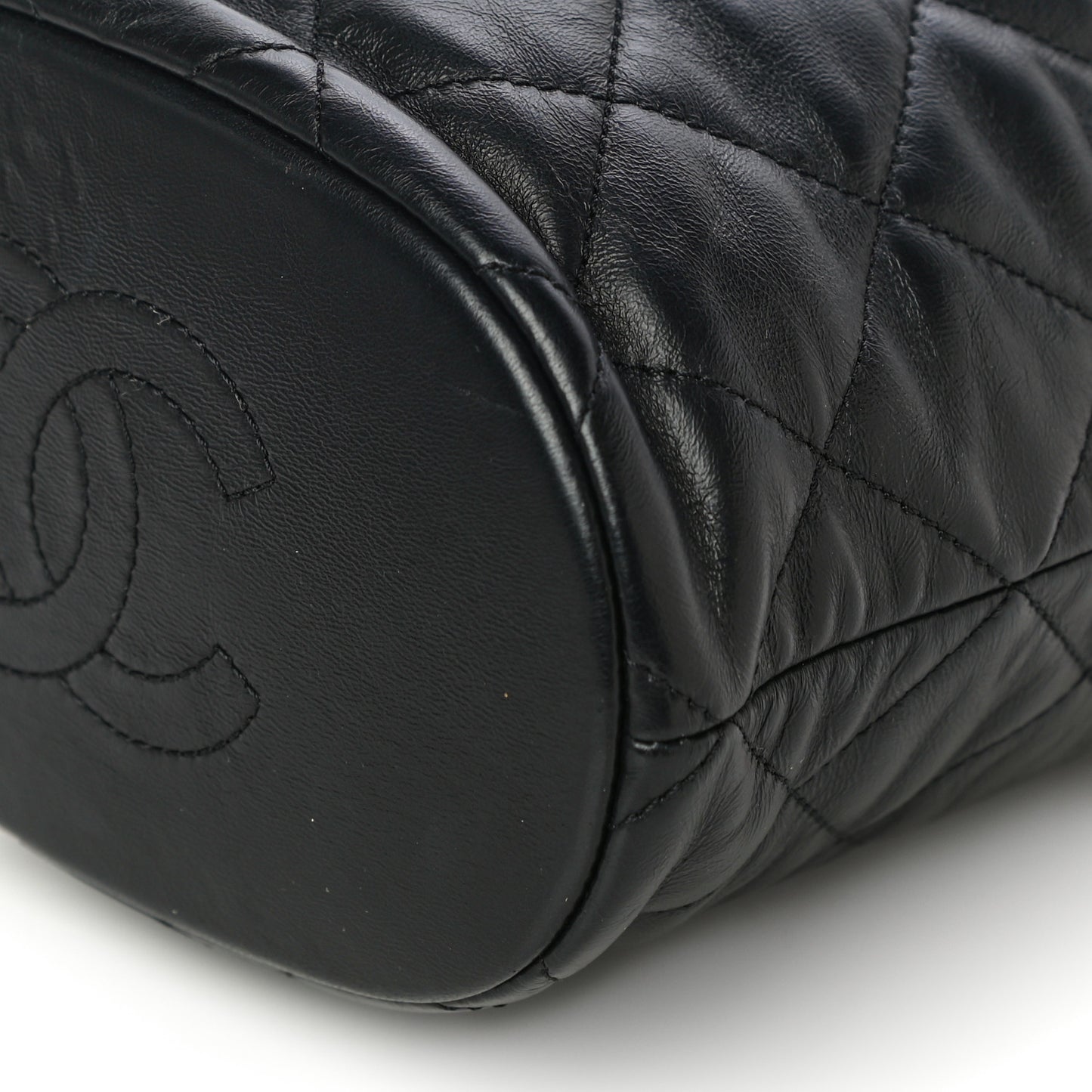 Lambskin Enamel Quilted Pending CC Bucket Drawstring Bag Black