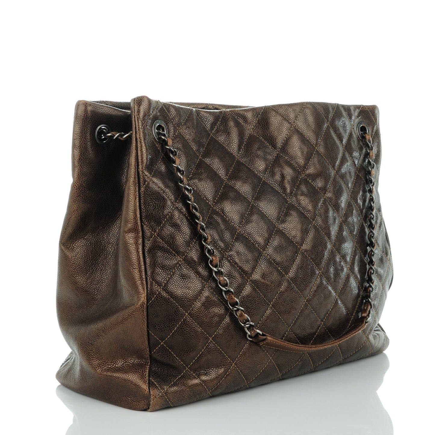 Iridescent Caviar Quilted Tall Chic Shopping Tote Dark Gold