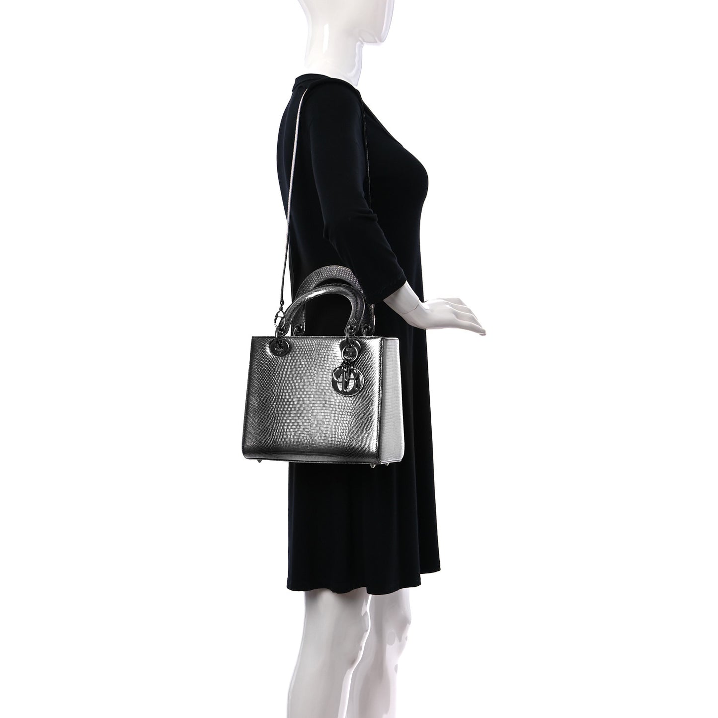 Metallic Lizard Medium Lady Dior Silver