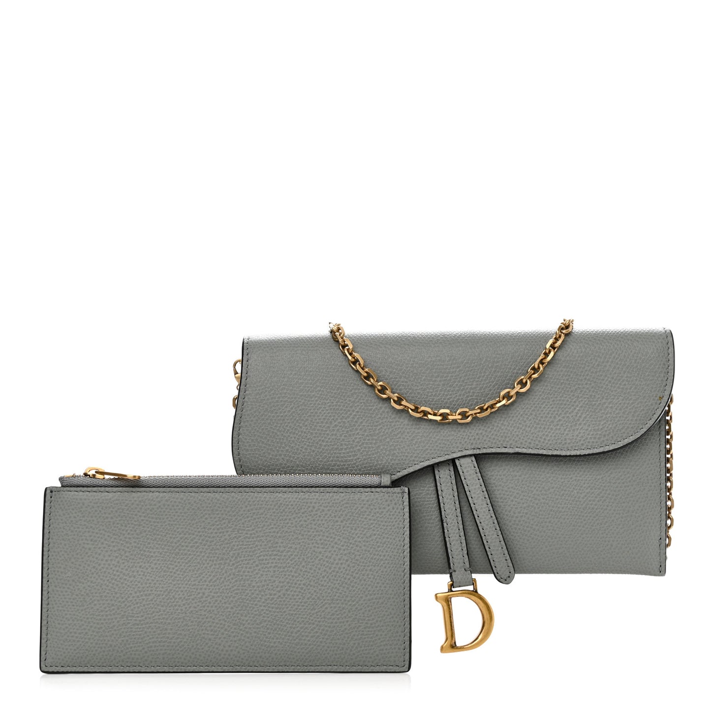 Grained Calfskin Saddle Chain Wallet Pouch Grey Stone