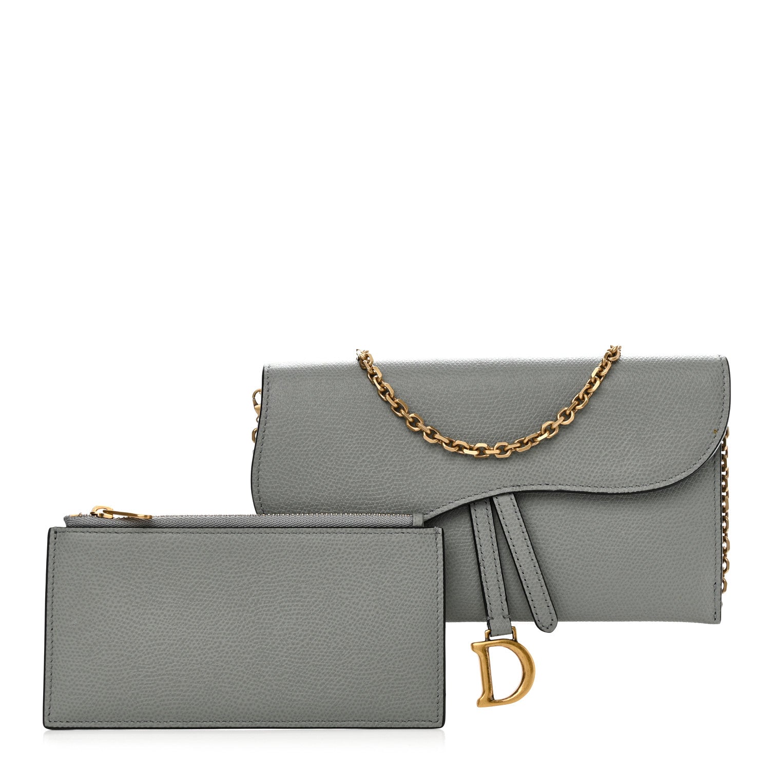 Christian Dior Grained Calfskin Saddle Chain Wallet Pouch Grey Stone 1 of 15