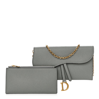 Christian Dior Grained Calfskin Saddle Chain Wallet Pouch Grey Stone 1 of 15