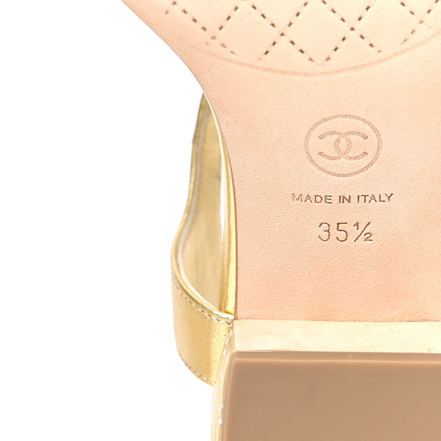 Laminated Lambskin Quilted CC Pearl Thong Sandals 35.5 Gold