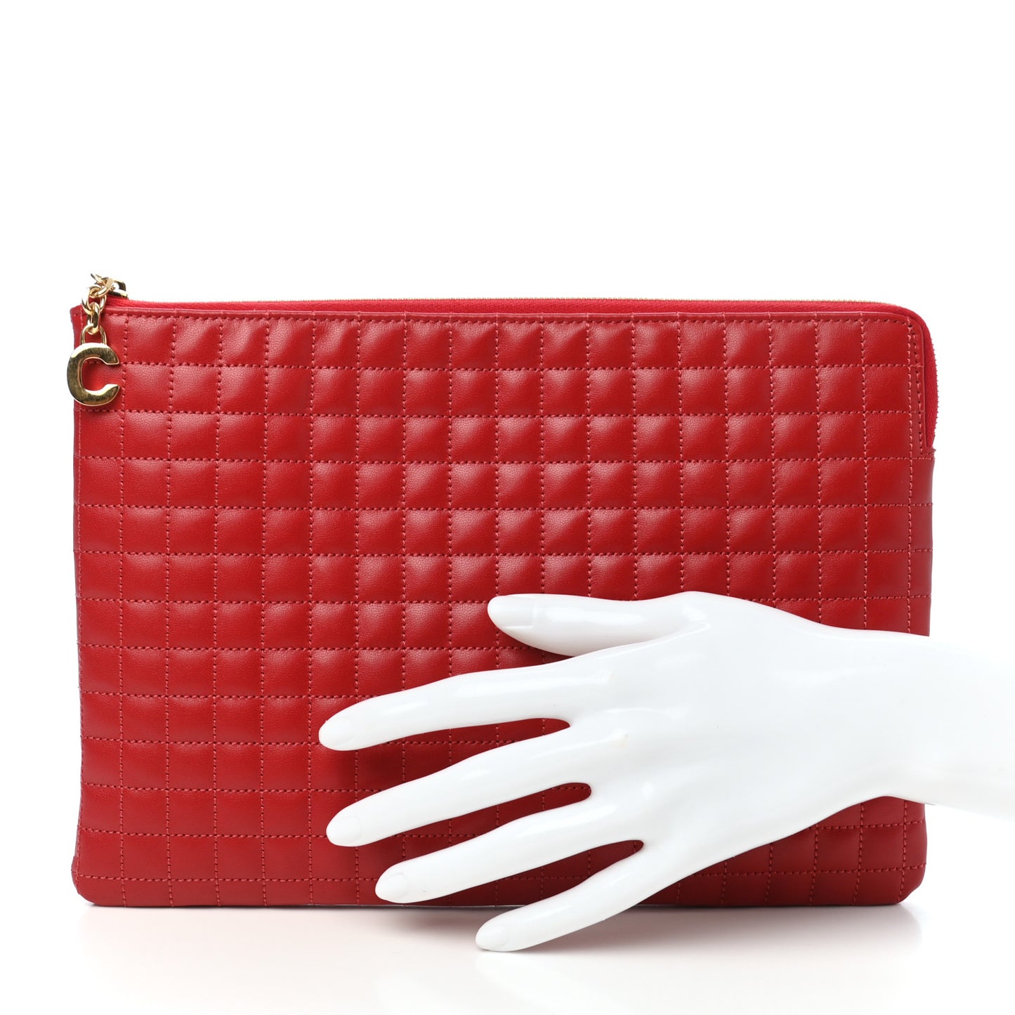 Calfskin Quilted C Charm Pouch Red