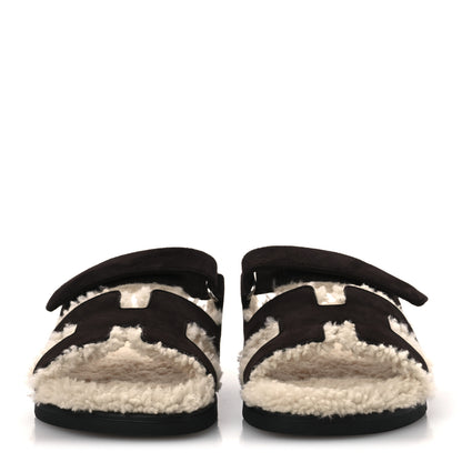 Hermes Suede Goatskin Woolskin Womens Chypre Sandals 38.5 Marron Ebene 3 of 10