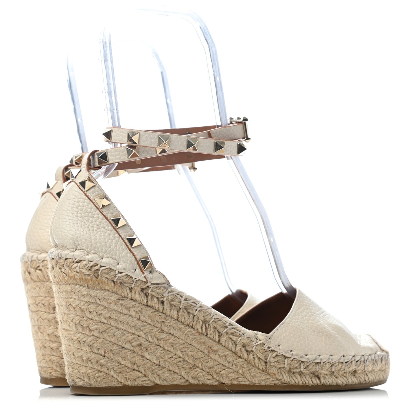 Grained Calfskin Rockstud Ankle Wrap Espadrille 15/85mm Wedges 39 Light Ivory