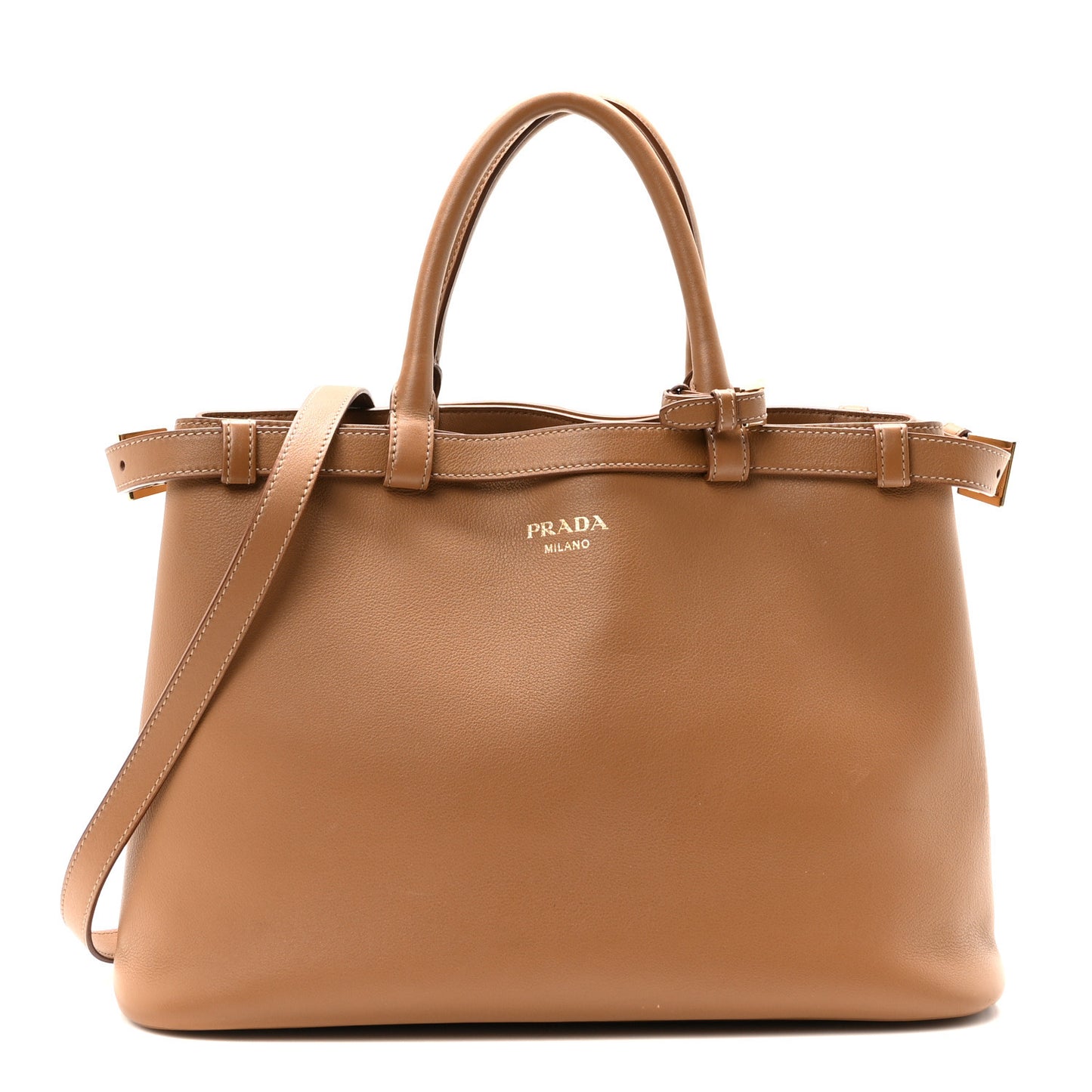 Soft Grain Calfskin Medium Double Belt Tote Caramel