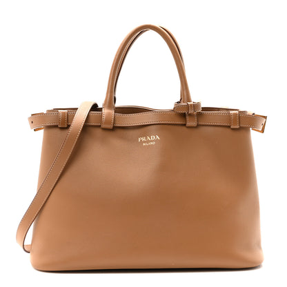 Prada Soft Grain Calfskin Medium Double Belt Tote Caramel 1 of 9