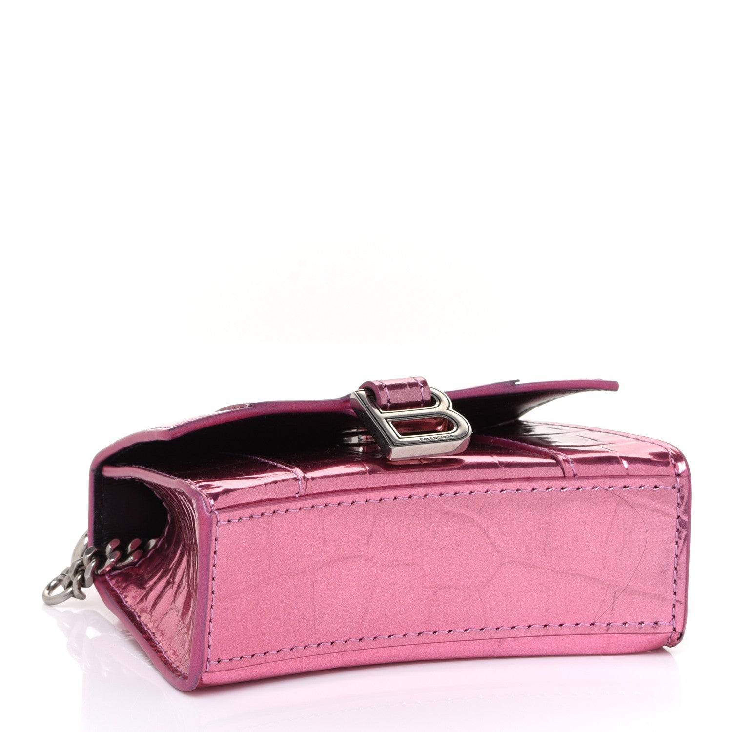 Balenciaga Metallic Calfskin Crocodile Embossed Hourglass Top Handle Bag Mini with Chain Pink 4 of 9