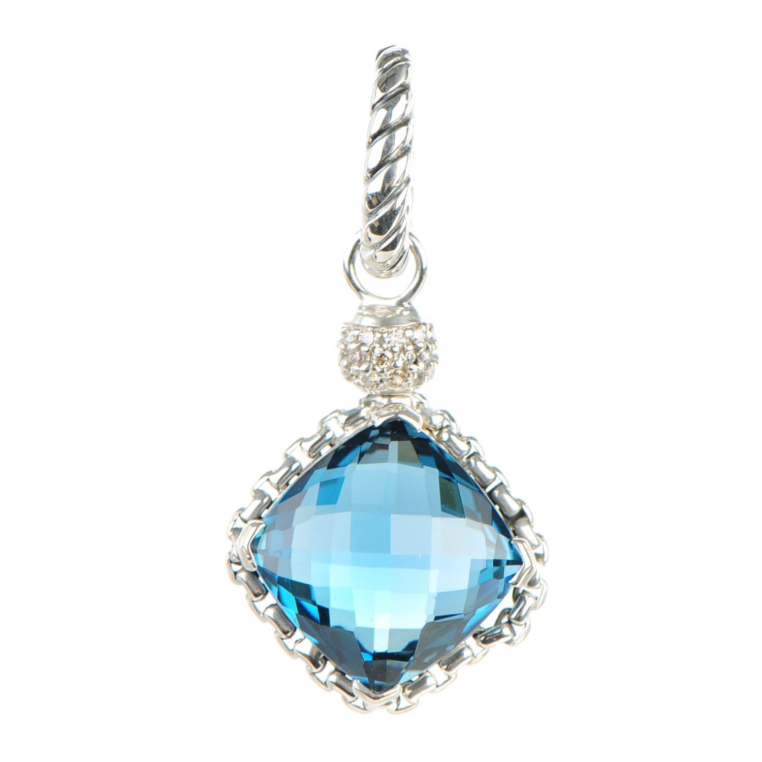 David Yurman Sterling Silver Pave Diamond Hampton Blue Topaz 11mm Cushion On Point Enhancer Pendant 1 of 4