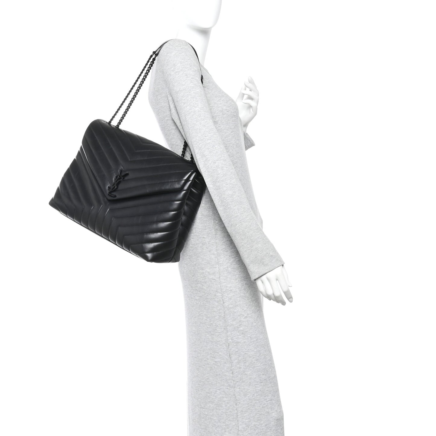 Calfskin Y Quilted Monogram Monochrome Large Loulou Chain Satchel Black