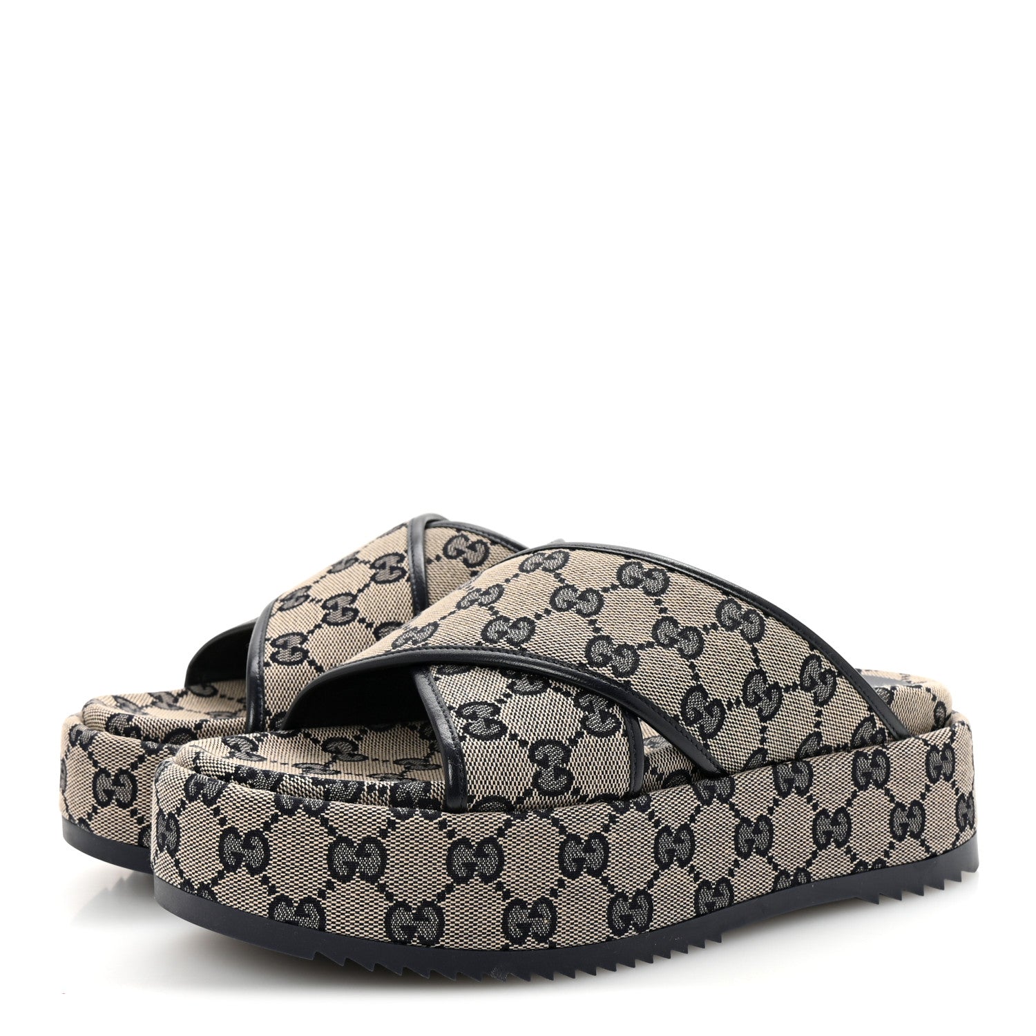 Gucci Monogram Criss Cross Platform Slide Sandals 37 Beige Blue 4 of 10