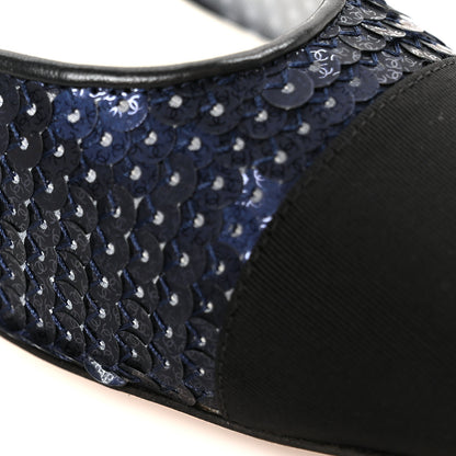 Chanel Glittered Muslin Grosgrain Cap Toe Slingback Pumps 39.5 Navy Blue Black 9 of 11