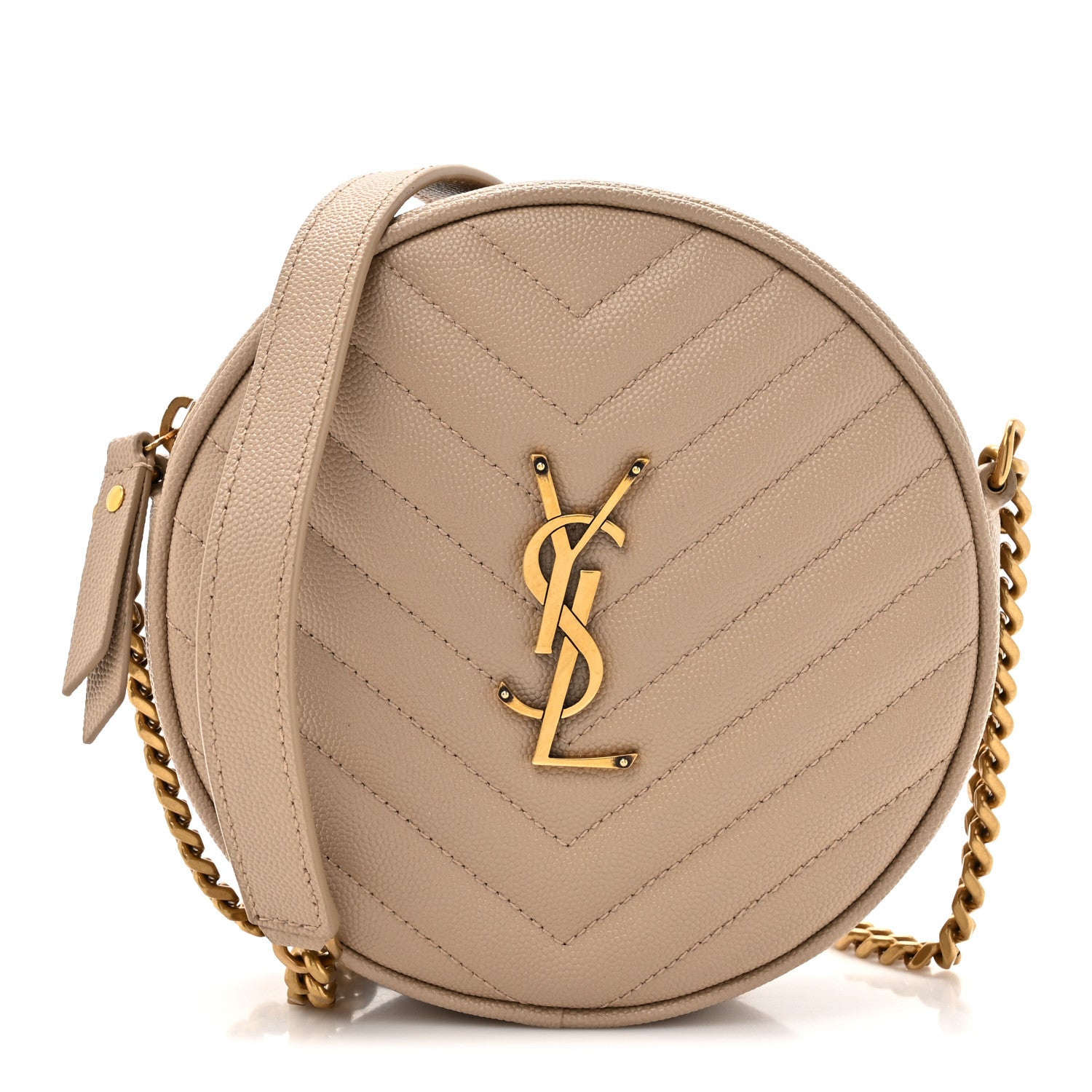 Saint Laurent Grain De Poudre Matelasse Chevron Quilted Round Vinyle Camera Bag Dark Beige 1 of 12