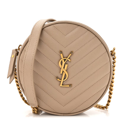 Saint Laurent Grain De Poudre Matelasse Chevron Quilted Round Vinyle Camera Bag Dark Beige 1 of 12