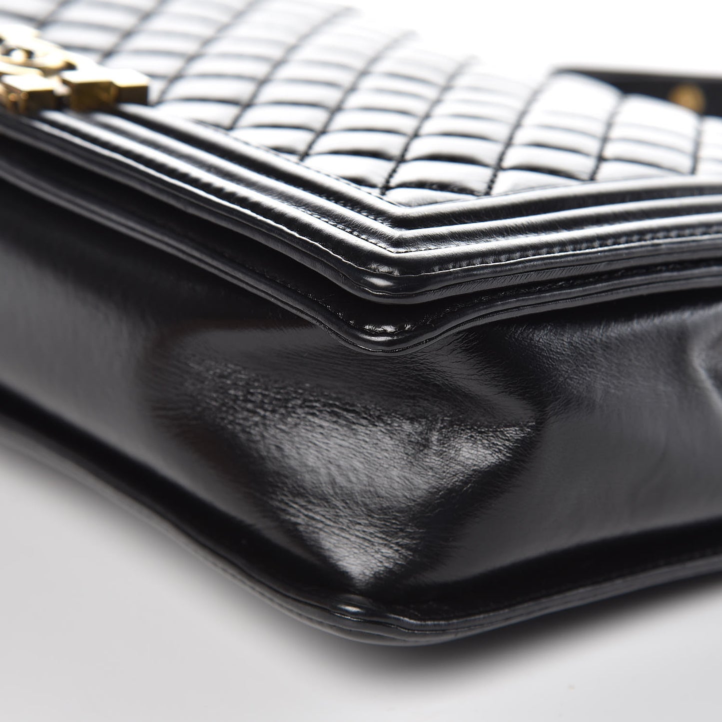 Glazed Calfskin Quilted Large Boy Flap Black